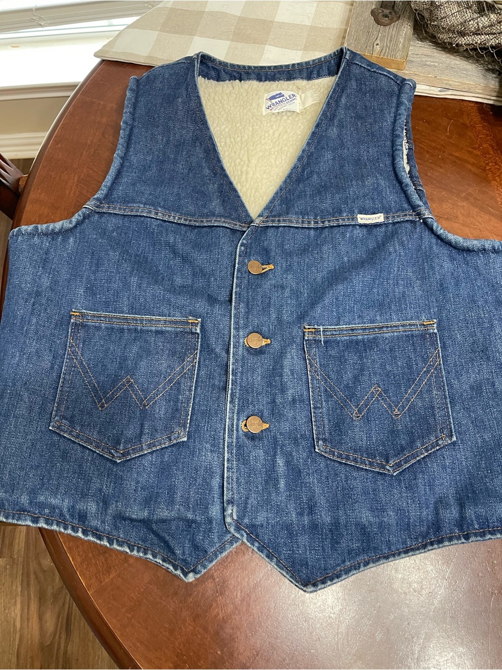 Vtg Wrangler Jean Vest 60s 70s Denim Sanforized Sherpa Coat Jacket USA Work